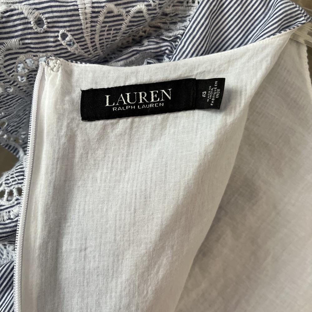 Ralph Lauren Dress Women's Size 12 Blue White Stripe Flutter Sleeve Eyelet Lined - Picture 11 of 16